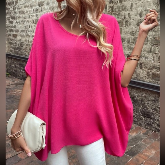Boho pink V neck batwing sleeve blouse - Picture 2 of 6